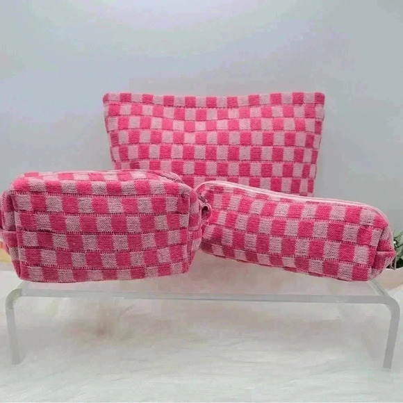 Pink Checkered Bundle Travel Cosmetic and or Pencil Pouches - Picture 1 of 5